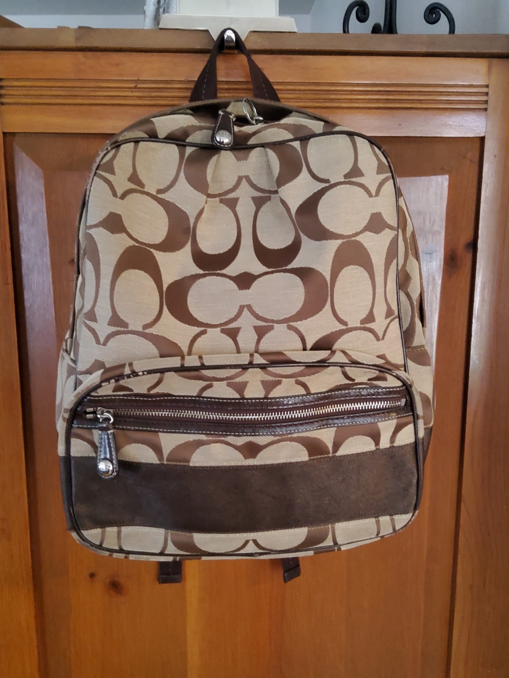 Coach Brown Signature Canvas Backpack with Suede Trim